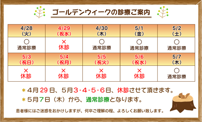 ＊４月29日、５月３･４･５･６日、休診させて頂きます。＊５月７日（木）から、通常診療となります。患者様にはご迷惑をおかけしますが、何卒ご理解の程、よろしくお願い致します。